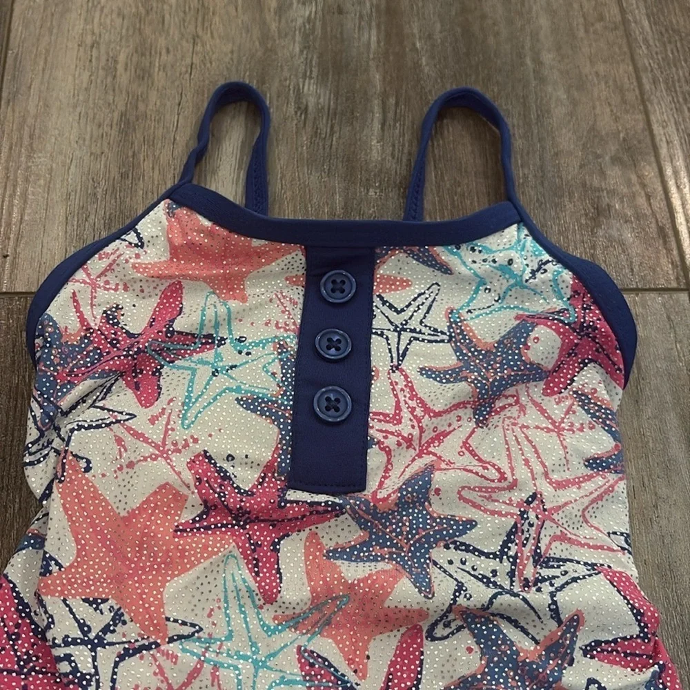 Hatley one piece blue and pink metallic sea stars swimsuit, crisscross back 3t